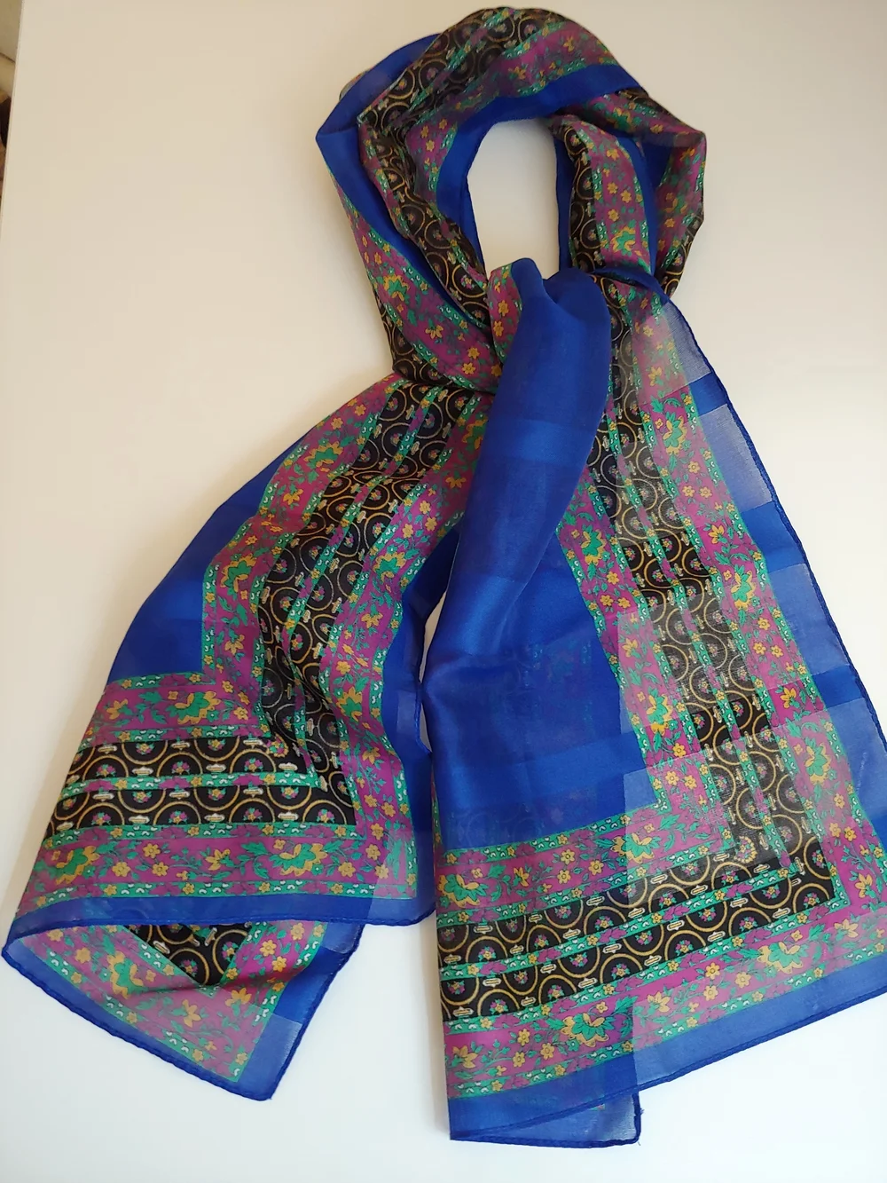 Vibrant Blue Floral & Geometric Sheer Scarf - Women's Accessory - Picture 2 of 4